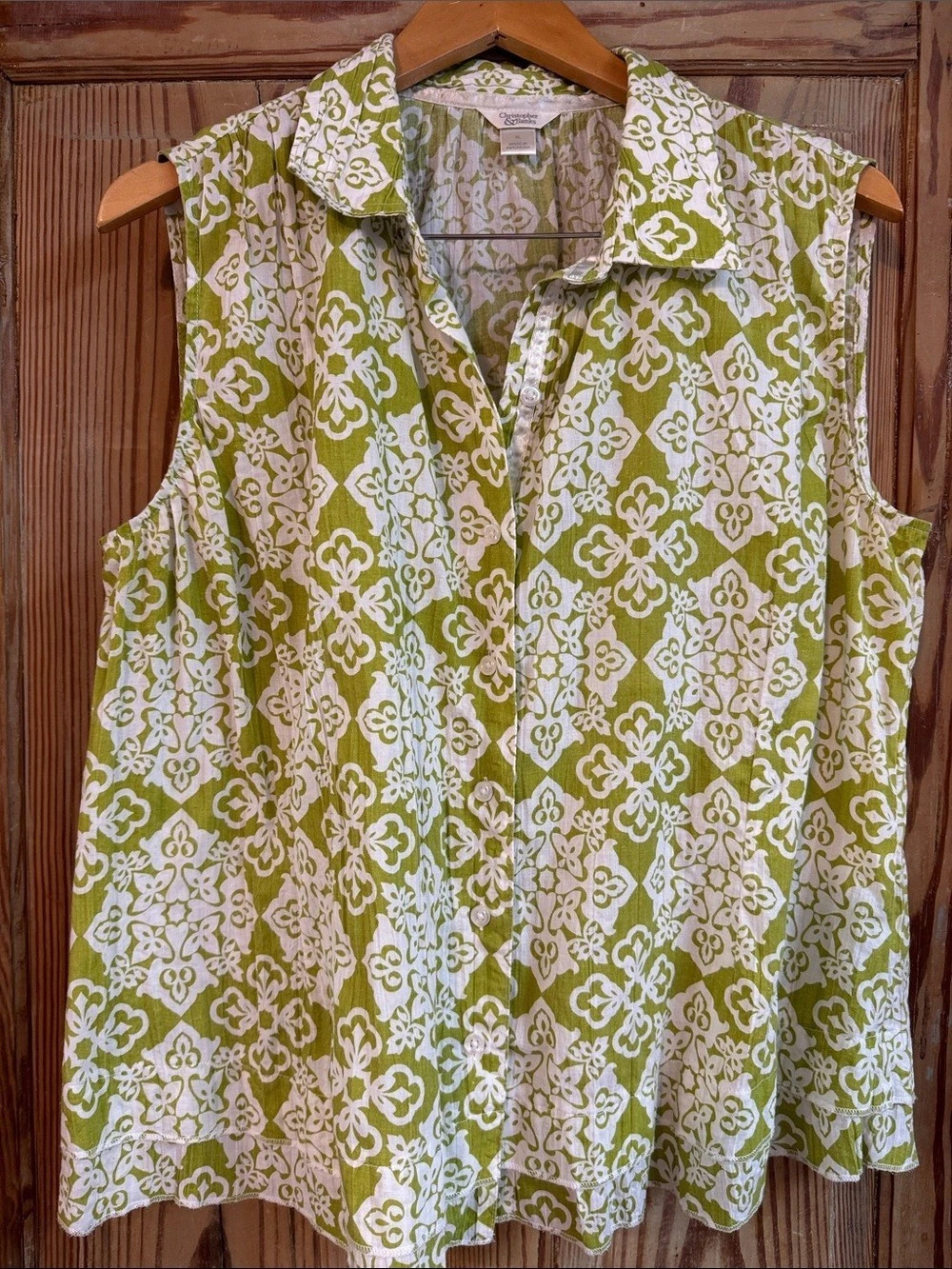 Christopher & Banks  Floral Button Down Top in Green & White Size XL
